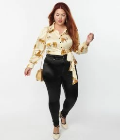 Unique Vintage Plus Size Black Satin Cigarette Kitty Pants Clothing