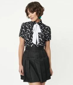 Smak Parlour Black & White Bats Print Power Play Blouse