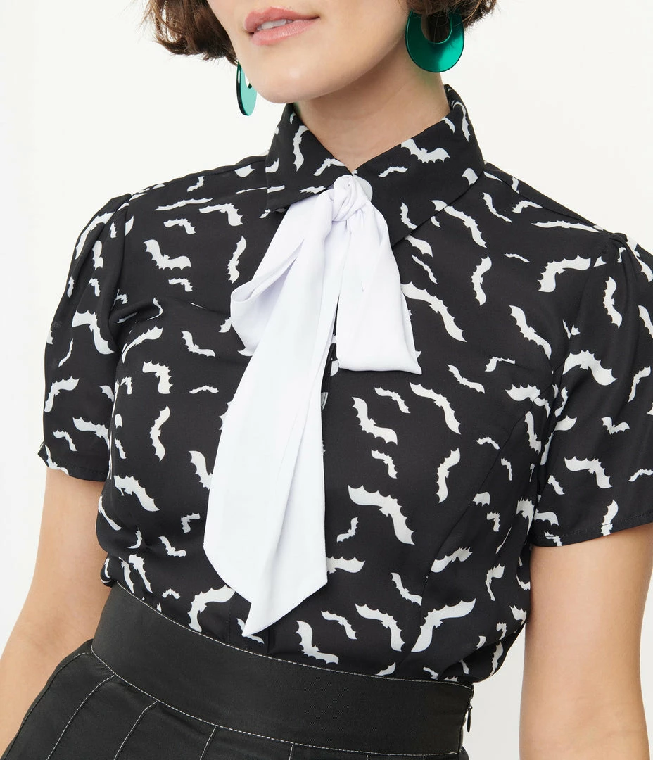Smak Parlour Black & White Bats Print Power Play Blouse