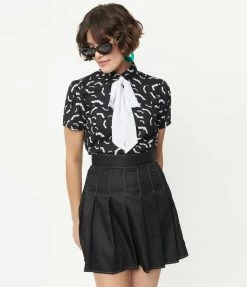 Smak Parlour Black & White Bats Print Power Play Blouse
