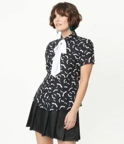 Smak Parlour Black & White Bats Print Power Play Blouse