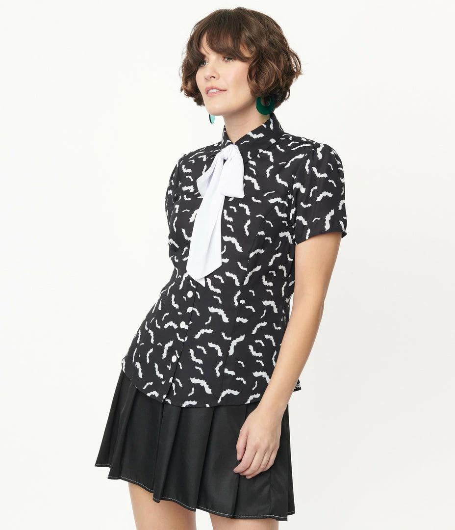 Smak Parlour Black & White Bats Print Power Play Blouse