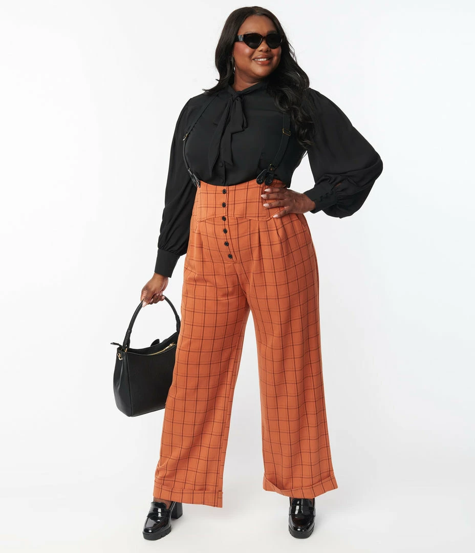 Unique Vintage Plus Size Orange Windowpane Thelma Suspender Pants Sale