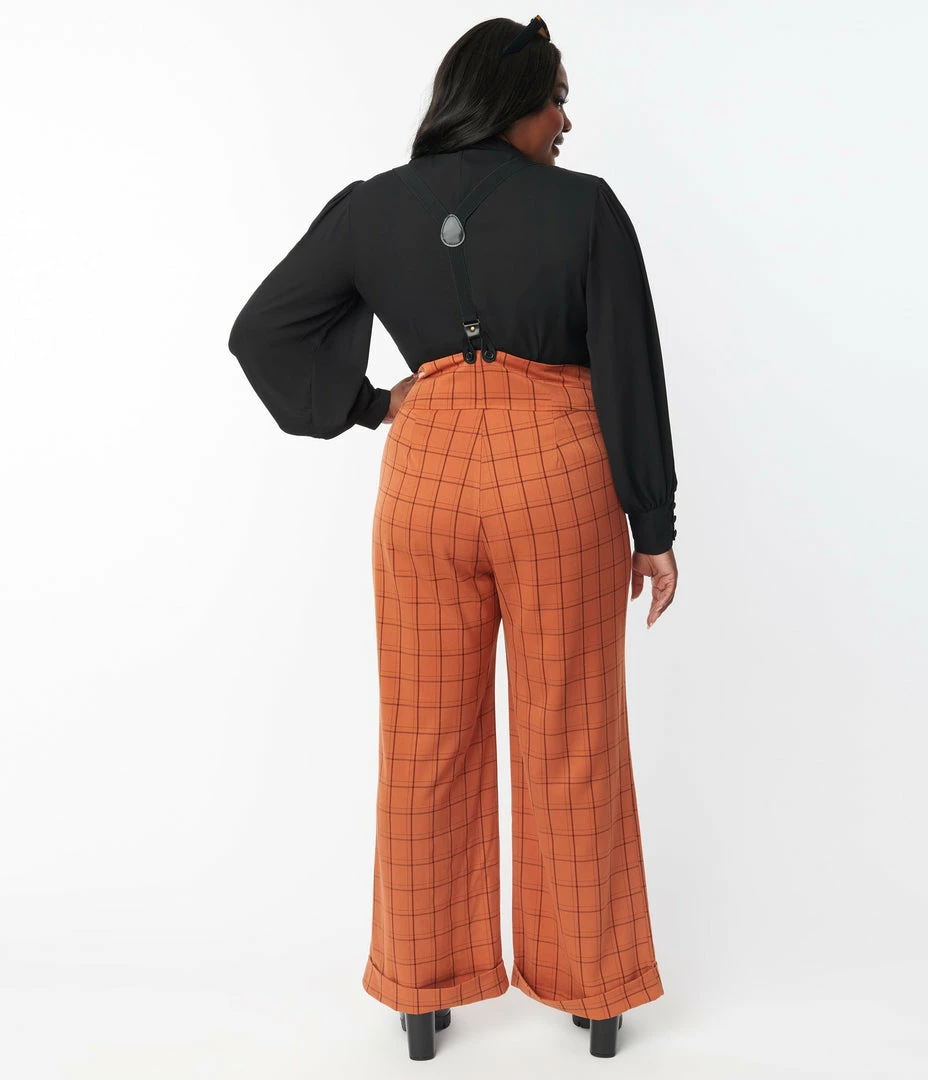 Unique Vintage Plus Size Orange Windowpane Thelma Suspender Pants Sale