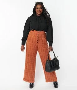 Unique Vintage Plus Size Orange Windowpane Thelma Suspender Pants Sale