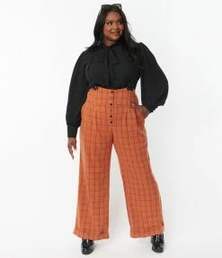 Unique Vintage Plus Size Orange Windowpane Thelma Suspender Pants Sale