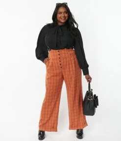 Unique Vintage Plus Size Orange Windowpane Thelma Suspender Pants Sale