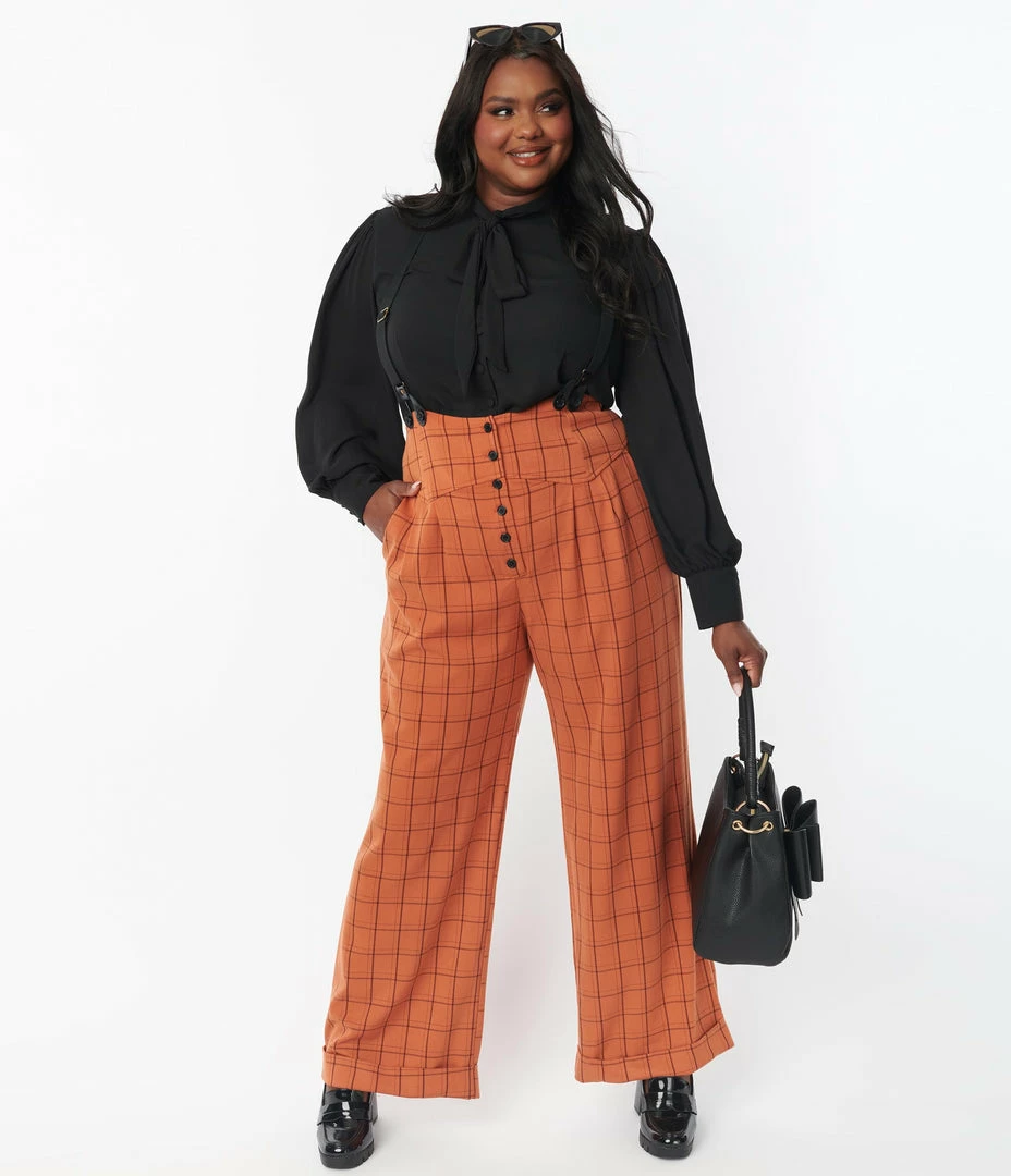 Unique Vintage Plus Size Orange Windowpane Thelma Suspender Pants Sale