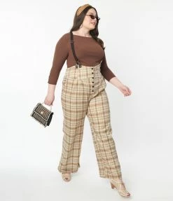 Unique Vintage Plus Size Brown Plaid Thelma Suspender Pants