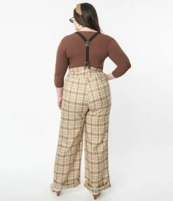 Unique Vintage Plus Size Brown Plaid Thelma Suspender Pants