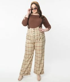 Unique Vintage Plus Size Brown Plaid Thelma Suspender Pants