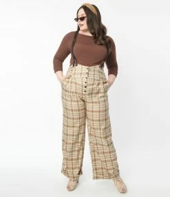 Unique Vintage Plus Size Brown Plaid Thelma Suspender Pants