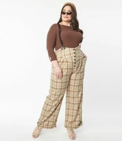 Unique Vintage Plus Size Brown Plaid Thelma Suspender Pants