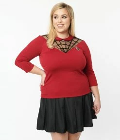 Unique Vintage Plus Size Burgundy Spiderweb Widow Top Sale