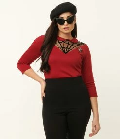 Unique Vintage Burgundy Spiderweb Widow Top Sale