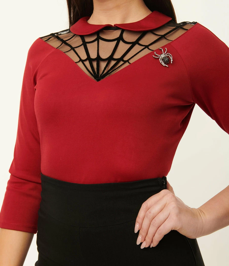 Unique Vintage Burgundy Spiderweb Widow Top Sale