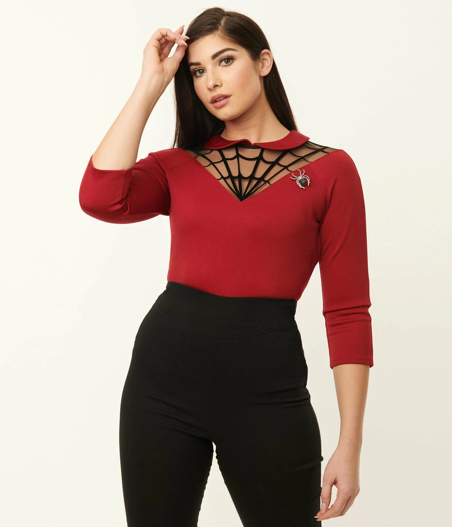 Unique Vintage Burgundy Spiderweb Widow Top Sale