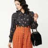 Unique Vintage 1950s Black & Pumpkin Print Gwen Blouse Clothing