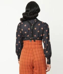 Unique Vintage 1950s Black & Pumpkin Print Gwen Blouse Clothing