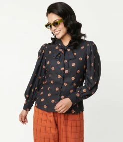 Unique Vintage 1950s Black & Pumpkin Print Gwen Blouse Clothing