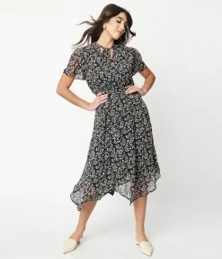 Ellison Black & Light Pink Floral Midi Dress