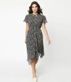 Ellison Black & Light Pink Floral Midi Dress