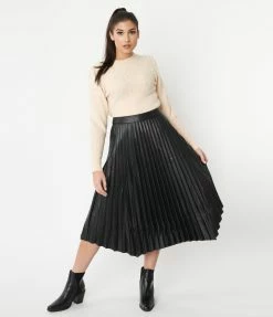 Ellison Sale Black Vegan Leather Pleated Midi Skirt