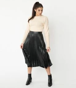Ellison Sale Black Vegan Leather Pleated Midi Skirt