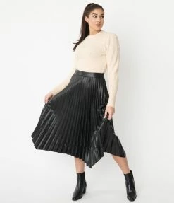 Ellison Sale Black Vegan Leather Pleated Midi Skirt