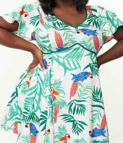 Sale Unique Vintage Plus Size White & Parrot Print Poppy Flare Dress