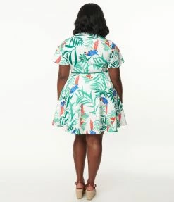 Sale Unique Vintage Plus Size White & Parrot Print Poppy Flare Dress