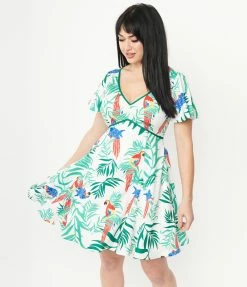 Unique Vintage White & Parrot Print Poppy Flare Dress Sale