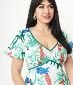 Unique Vintage White & Parrot Print Poppy Flare Dress Sale