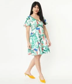 Unique Vintage White & Parrot Print Poppy Flare Dress Sale