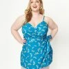 Unique Vintage Plus Size Blue & Butterfly Print Lottie Wrap Romper
