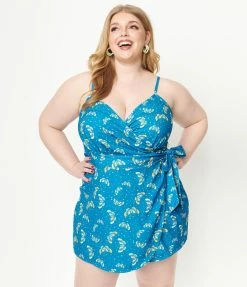 Unique Vintage Plus Size Blue & Butterfly Print Lottie Wrap Romper