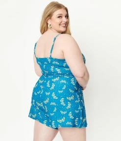 Unique Vintage Plus Size Blue & Butterfly Print Lottie Wrap Romper