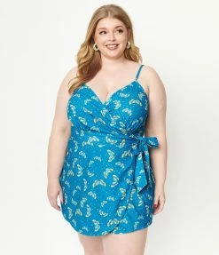 Unique Vintage Plus Size Blue & Butterfly Print Lottie Wrap Romper
