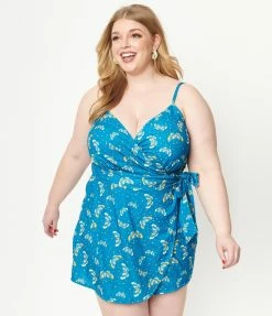 Unique Vintage Plus Size Blue & Butterfly Print Lottie Wrap Romper