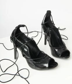Appleblossom Patent Black Reptile Lace Up Peep Toe Heel