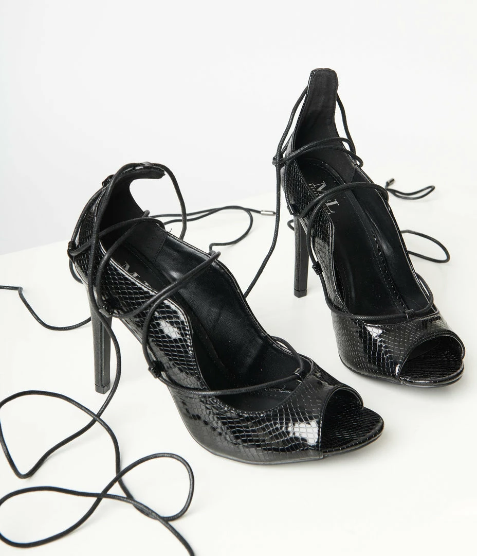 Appleblossom Patent Black Reptile Lace Up Peep Toe Heel
