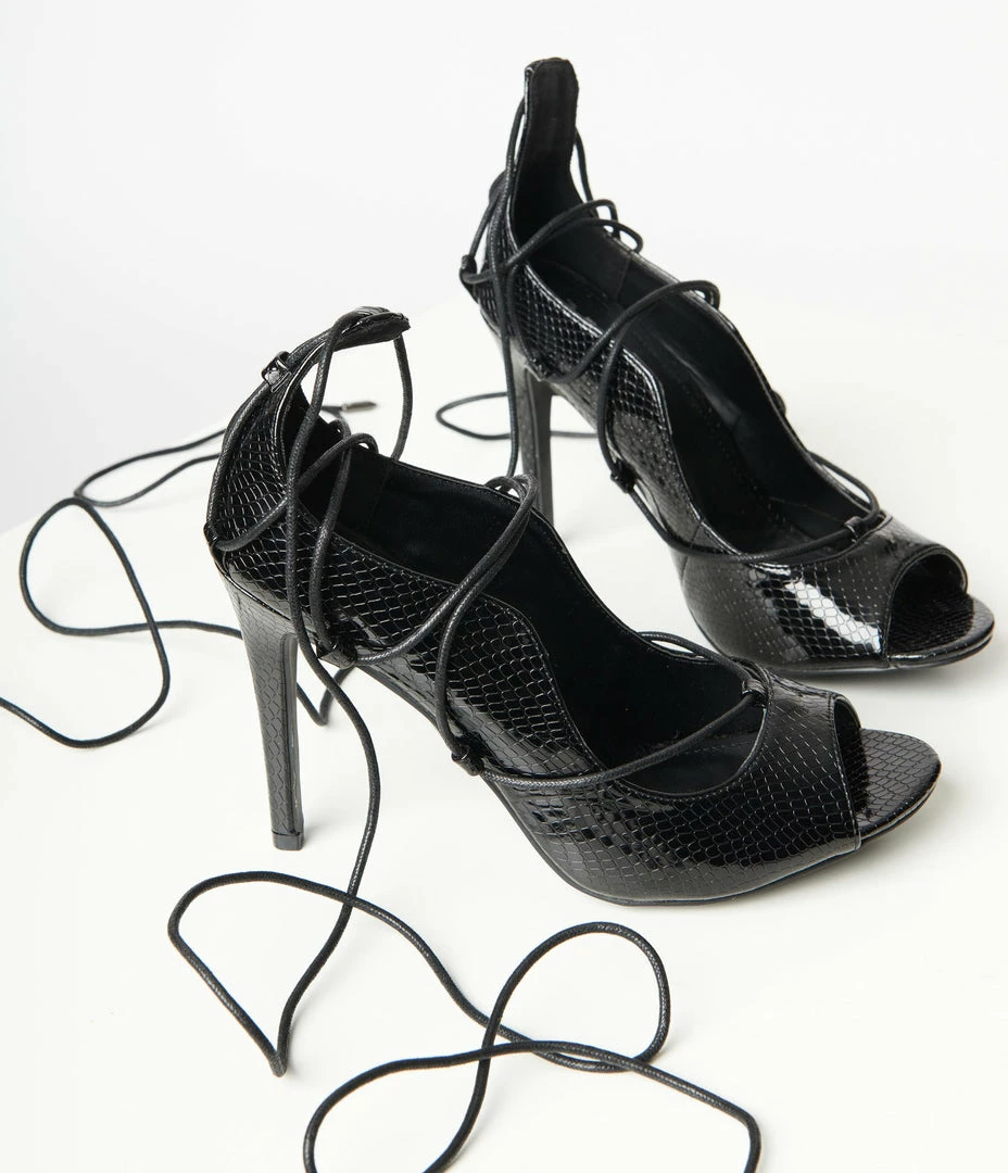 Appleblossom Patent Black Reptile Lace Up Peep Toe Heel