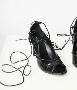 Appleblossom Patent Black Reptile Lace Up Peep Toe Heel