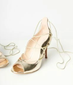 Appleblossom Patent Gold Reptile Lace Up Peep Toe Heel Heels & Wedges