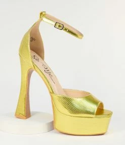 Machi Footwear Gold Reptile Embossed Peep Toe Platform Heels Heels & Wedges