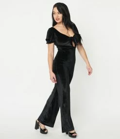 Blue Blush Sale Black Velvet Front Tie Jumpsuit