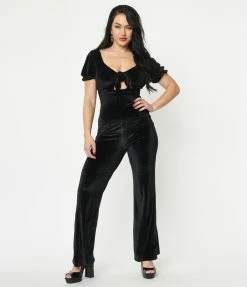 Blue Blush Sale Black Velvet Front Tie Jumpsuit