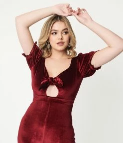 Blue Blush Sale Burgundy Velvet Front Tie Jumpsuit