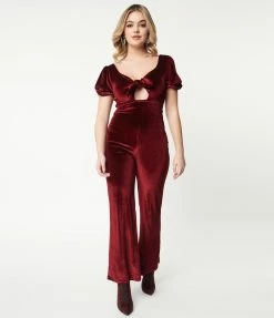 Blue Blush Sale Burgundy Velvet Front Tie Jumpsuit