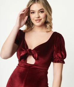 Blue Blush Sale Burgundy Velvet Front Tie Jumpsuit